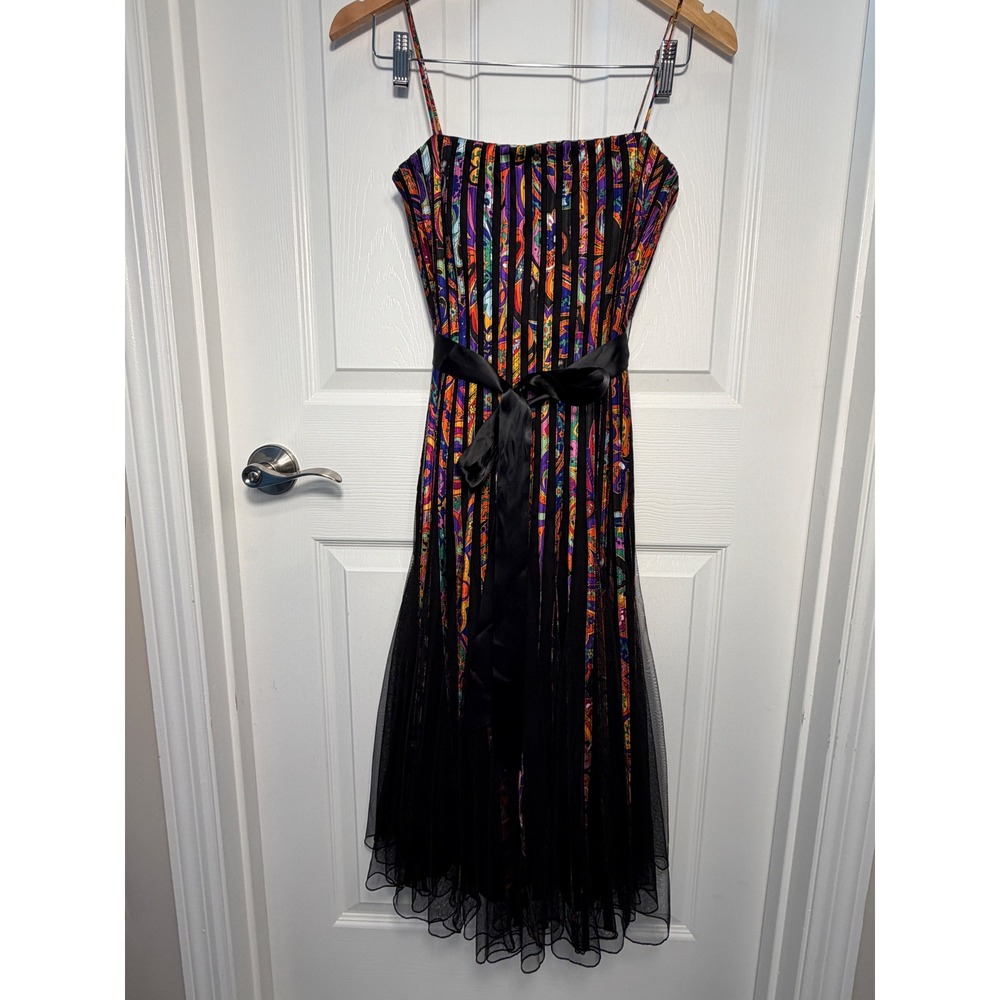JS Collections Midi Dress Womens 4 Multi Paisley Mesh Stripe Tulle Cocktail